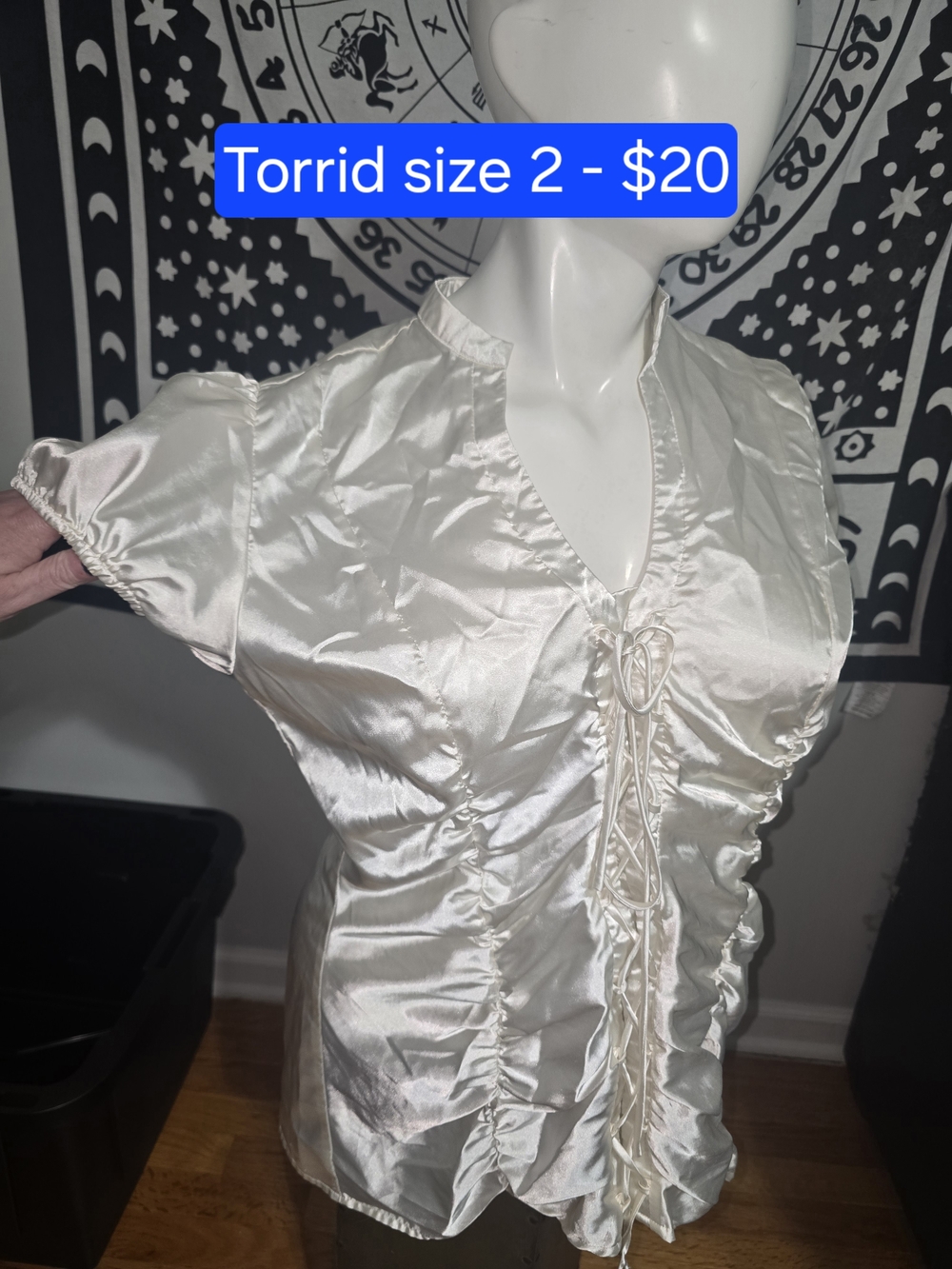 Torrid Cream Satin Ruffle Front Corset Tie Blouse